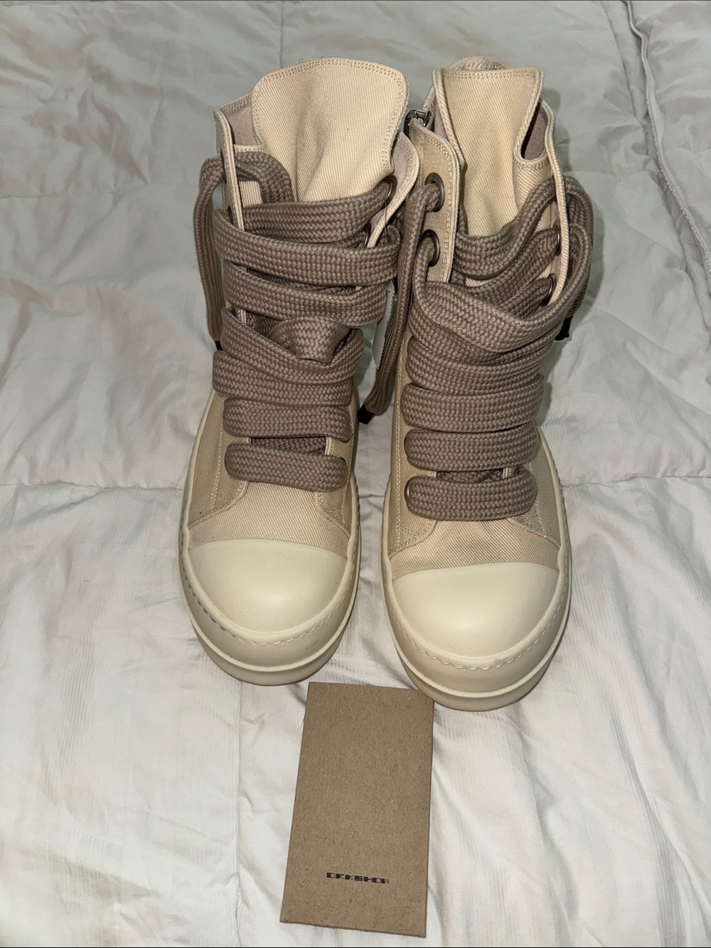 Rick Owens Men's Lace-Up High Top Boots in Beige and Taupe